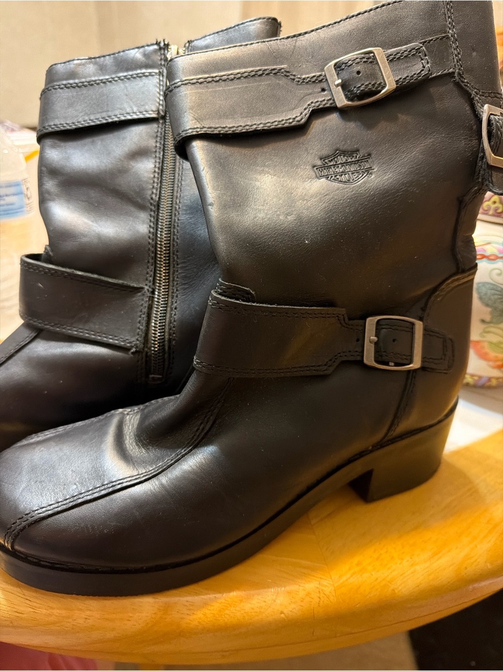 Harley-Davidson Black Leather Short Moto Boots with Buckle Straps